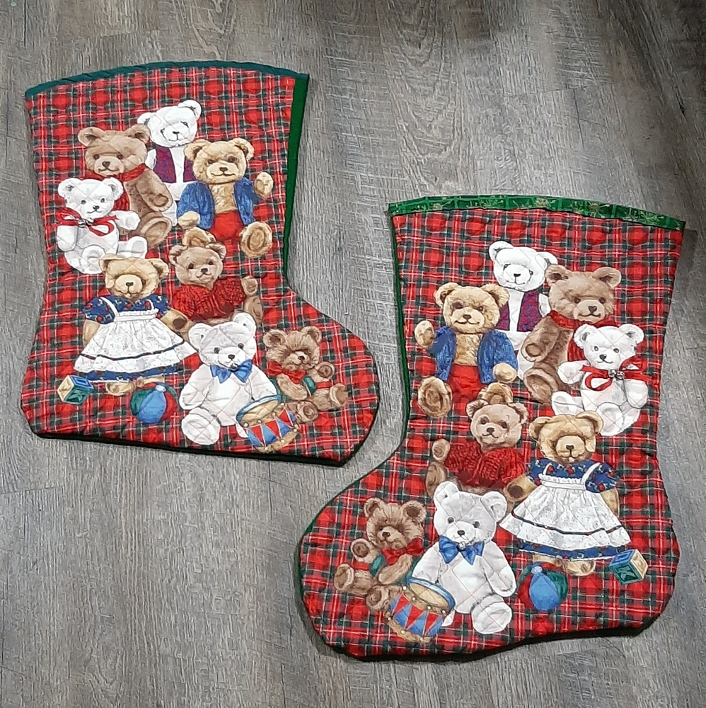 Vintage Handmade 80s Christmas Teddy Bear Stocking Quilted 14 1/2" x 21" Holiday